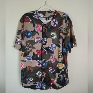 NBA Logo Jersey Button Down Brown Camo Shirt Men Large